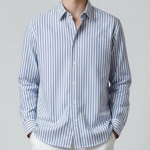 Michael Kors Mens Blue Tan Striped Non Iron Dress Shirt 17.5 34/35 preppy office